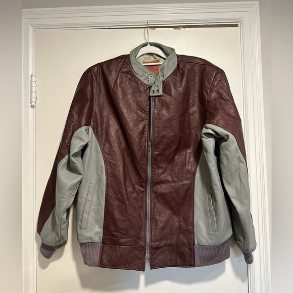 Vintage Mens Sz:M Indian Run Gray & Maroon Leather Motorcycle Jacket. Full Zip. - Picture 1 of 15